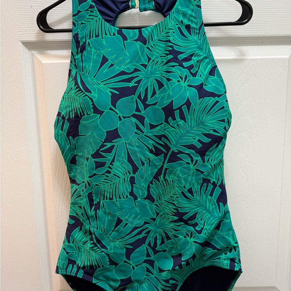 Lands' End Teal Leaf Print Women's One Piece Swimsuit